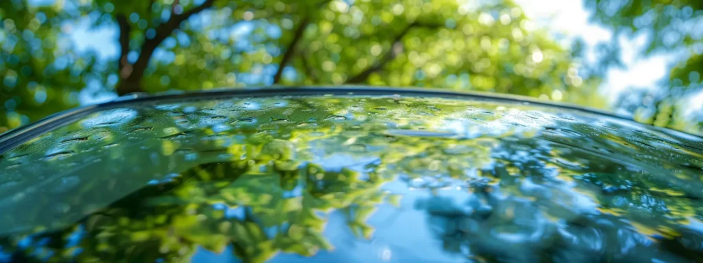 a close-up shot of a pristine, crack-free windshield on a sleek car, reflecting the clear blue sky and lush green trees, highlighting the importance of windshield integrity for driving safety.