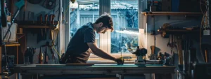 a skilled technician carefully fitting a new glass pane into a window frame, surrounded by a wide array of tools and materials.